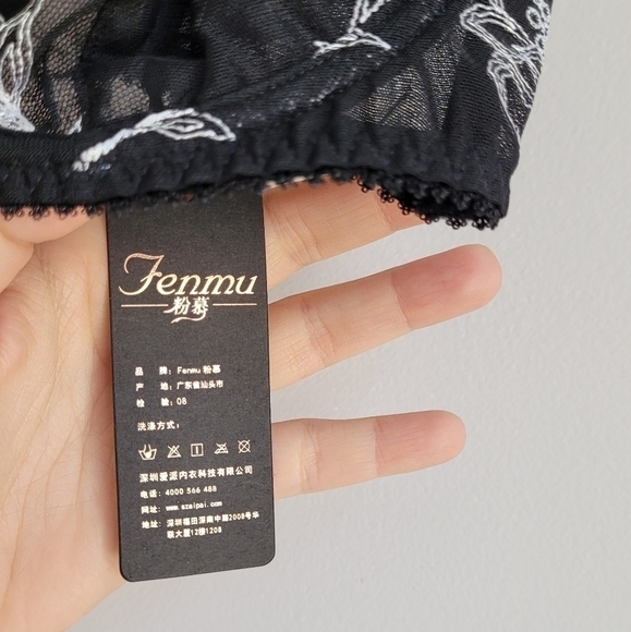 NWT European floral embroidered lace mesh underwire bralette black white 32B - Picture 6 of 8